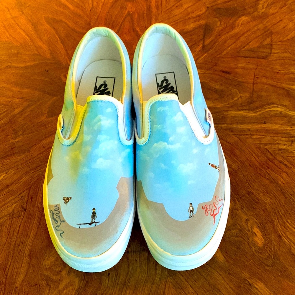 Vans slip on sneakers.hand painted, lightblue and gray. NWOT. Size9 men/ WM 10.5